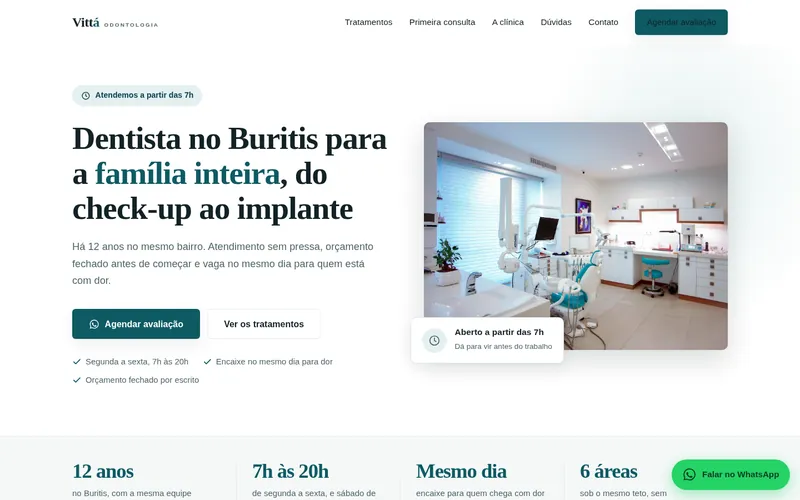 Site da Clínica Vittá Odontologia, com foto do consultório e botão de agendamento